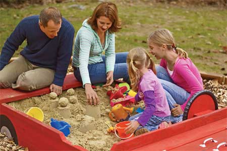 family playing in sandbox picture